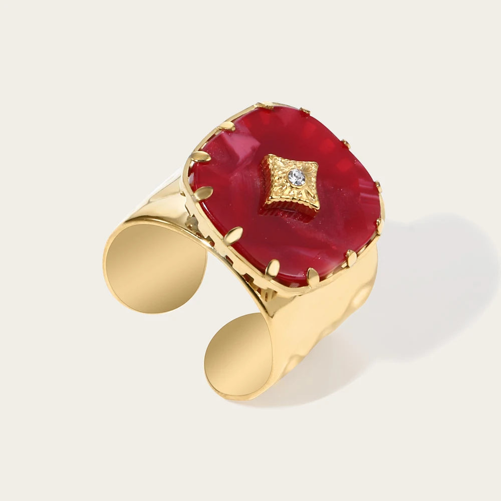 Bague grand anneau rouge – Acier inoxydable plaqué or 18K