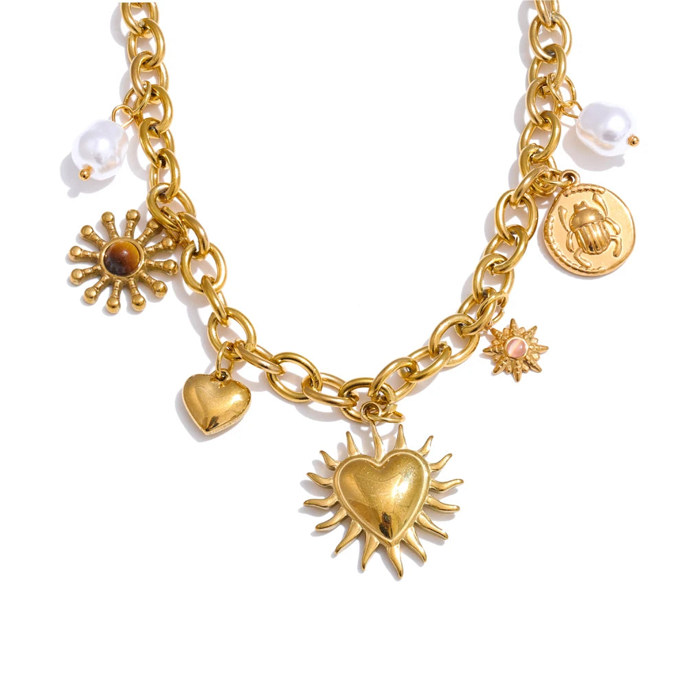 Collier charms soleil, cœur & goutte