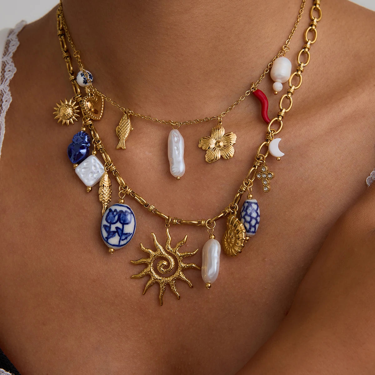 Collier Breloques Soleil & Coquillage Texturé