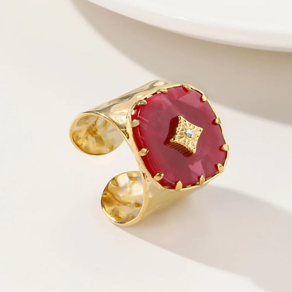 Bague grand anneau rouge – Acier inoxydable plaqué or 18K