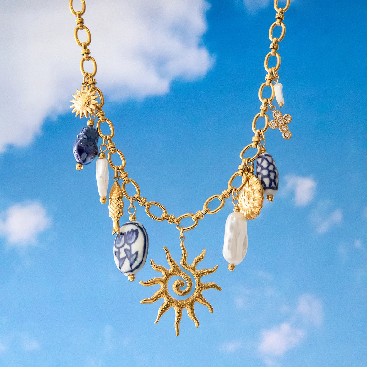 Collier Breloques Soleil & Coquillage Texturé