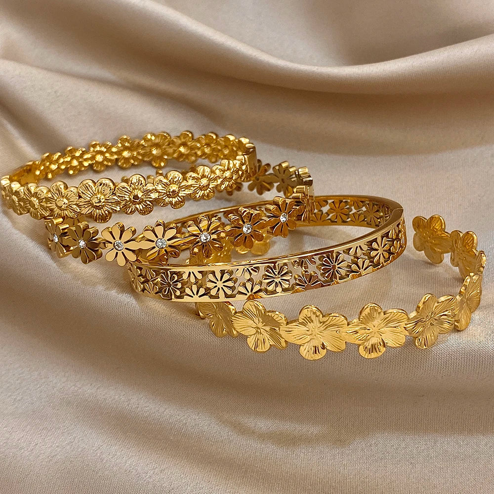 Bracelet Manchette à fleurs en acier inoxydable