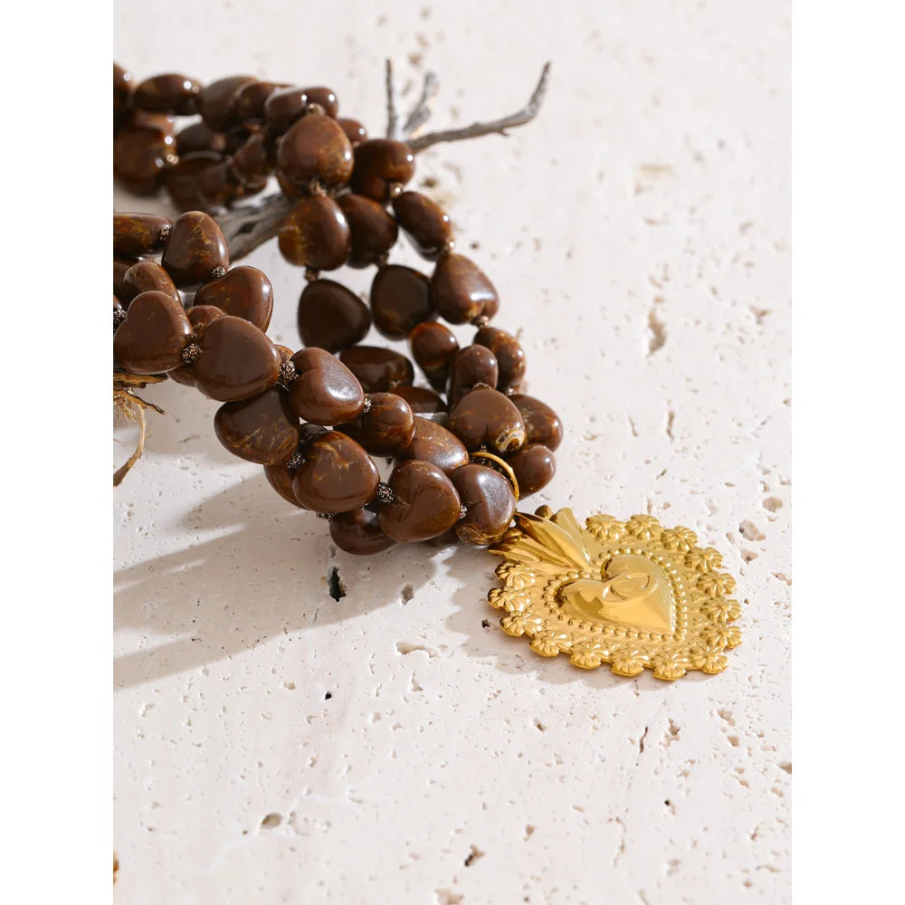 Collier cœur à perles marrons