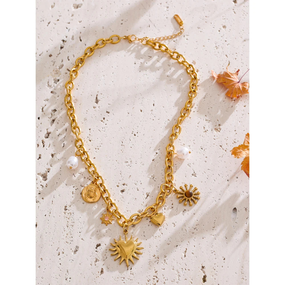 Collier charms soleil, cœur & goutte