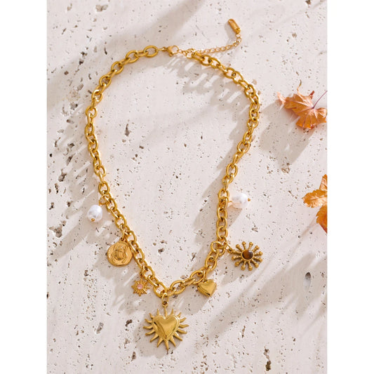 Collier charms soleil, cœur & goutte