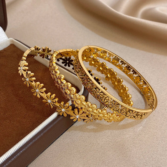 Bracelet Manchette à fleurs en acier inoxydable