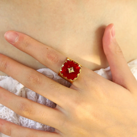 Bague grand anneau rouge – Acier inoxydable plaqué or 18K
