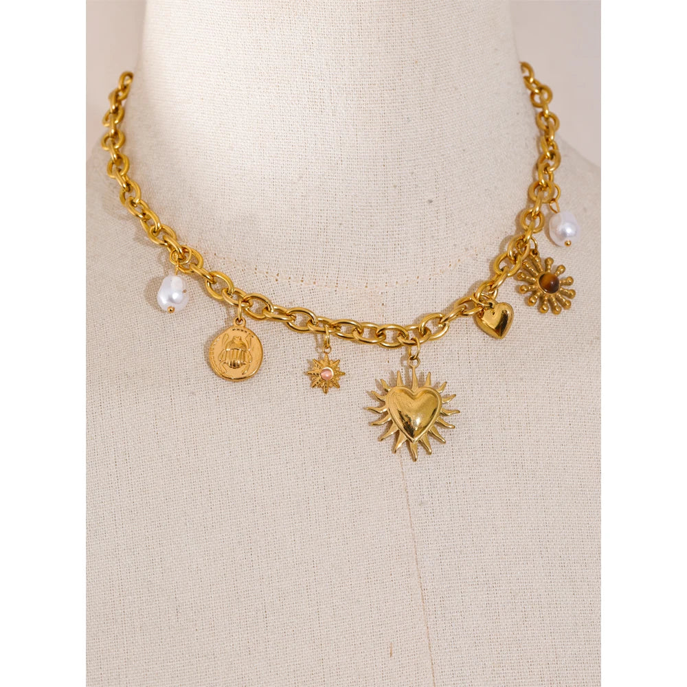 Collier charms soleil, cœur & goutte