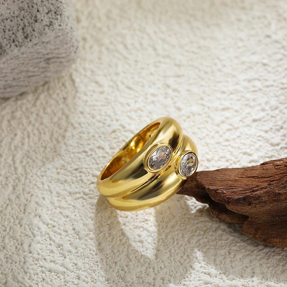 Bague Vintage – Double Cercle Plaqué Or avec Zircon