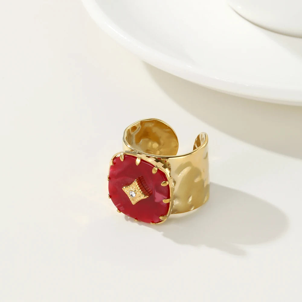 Bague grand anneau rouge – Acier inoxydable plaqué or 18K