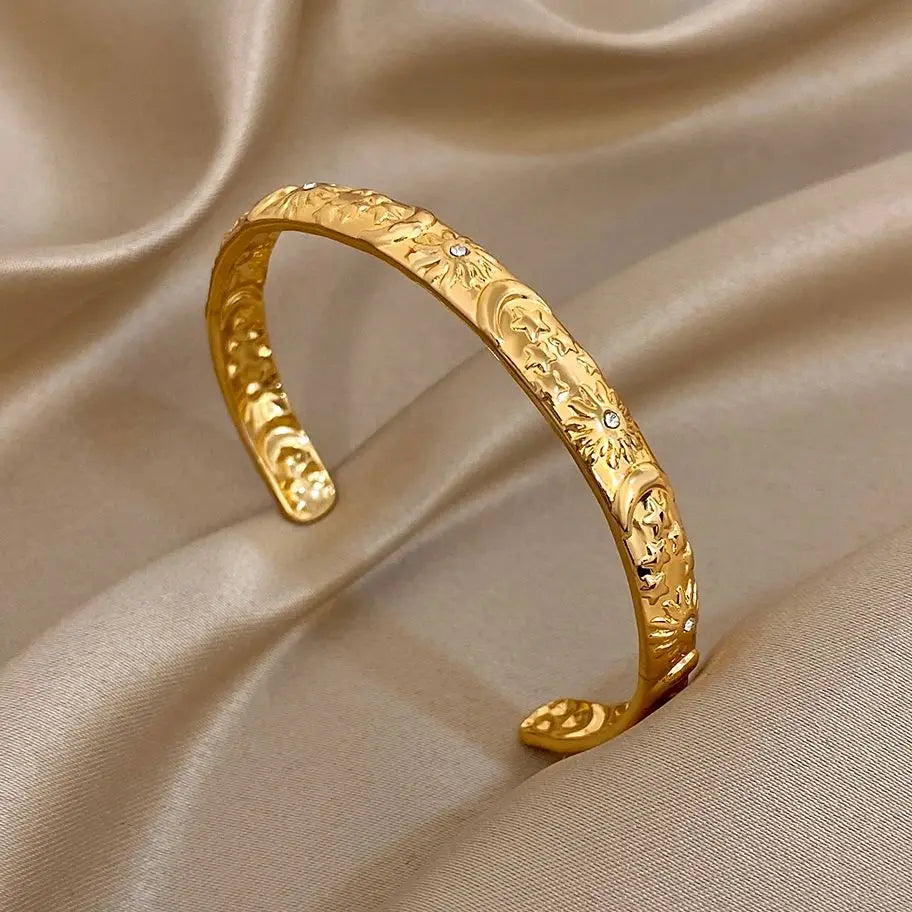 Bracelet Manchette Soleil, Lune & Étoile Plaqué Or