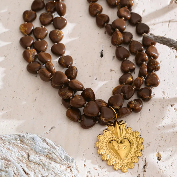 Collier cœur à perles marrons