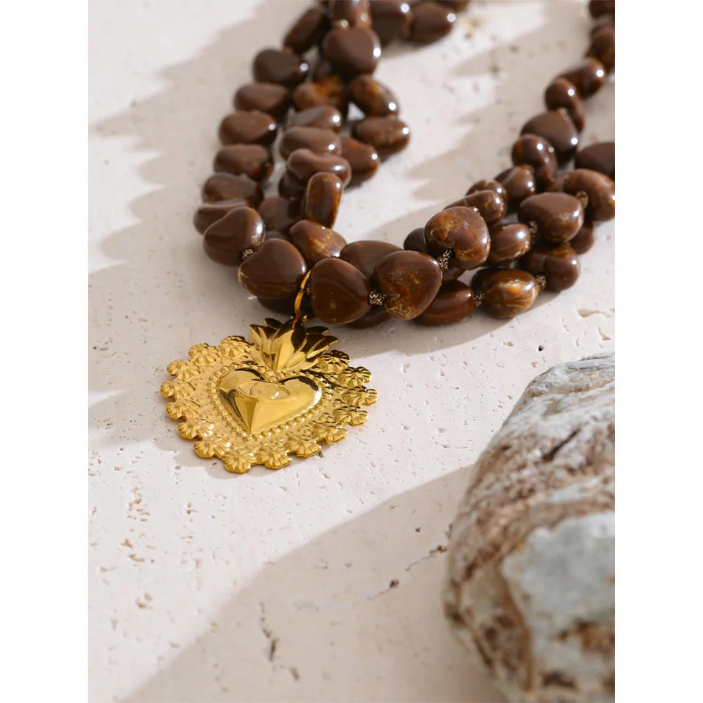Collier cœur à perles marrons