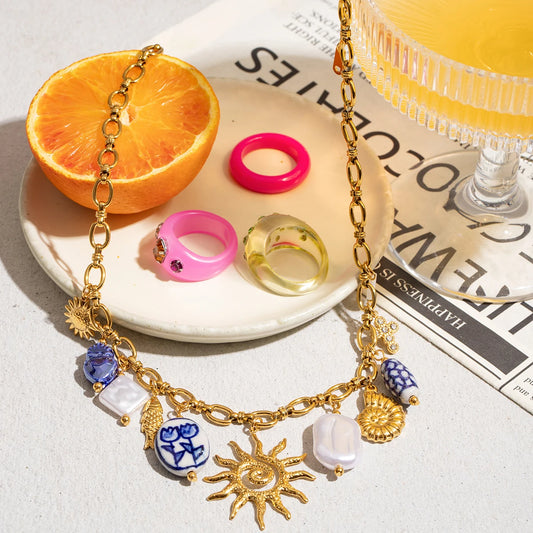 Collier Breloques Soleil & Coquillage Texturé