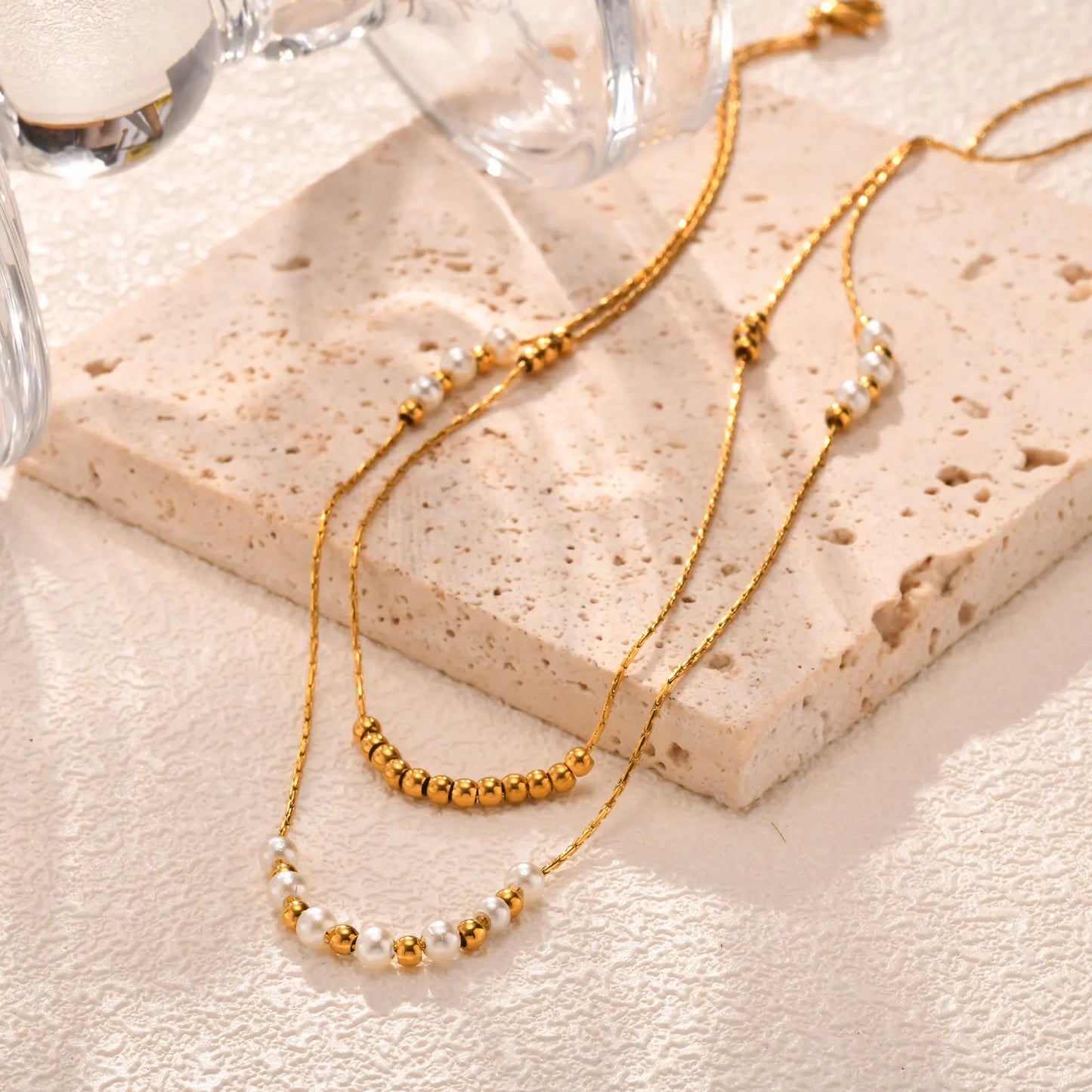 Collier double rang perles – Acier inoxydable doré