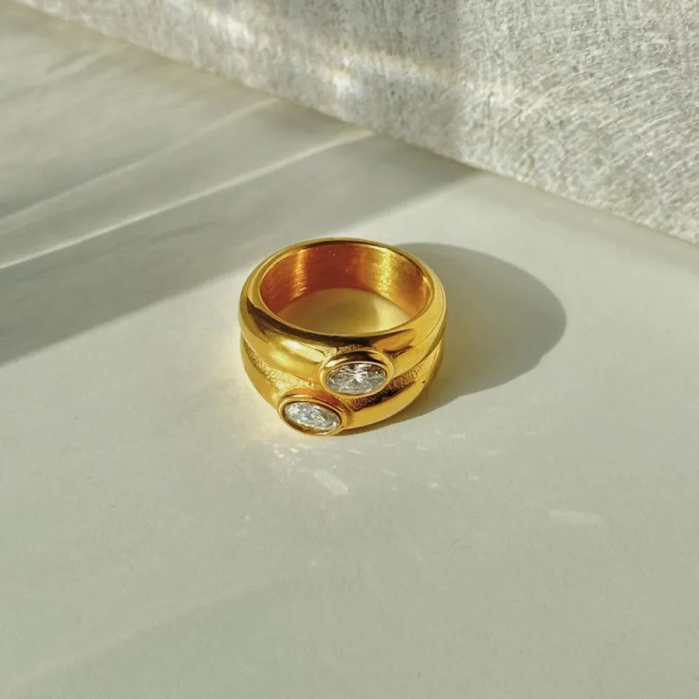 Bague Vintage – Double Cercle Plaqué Or avec Zircon