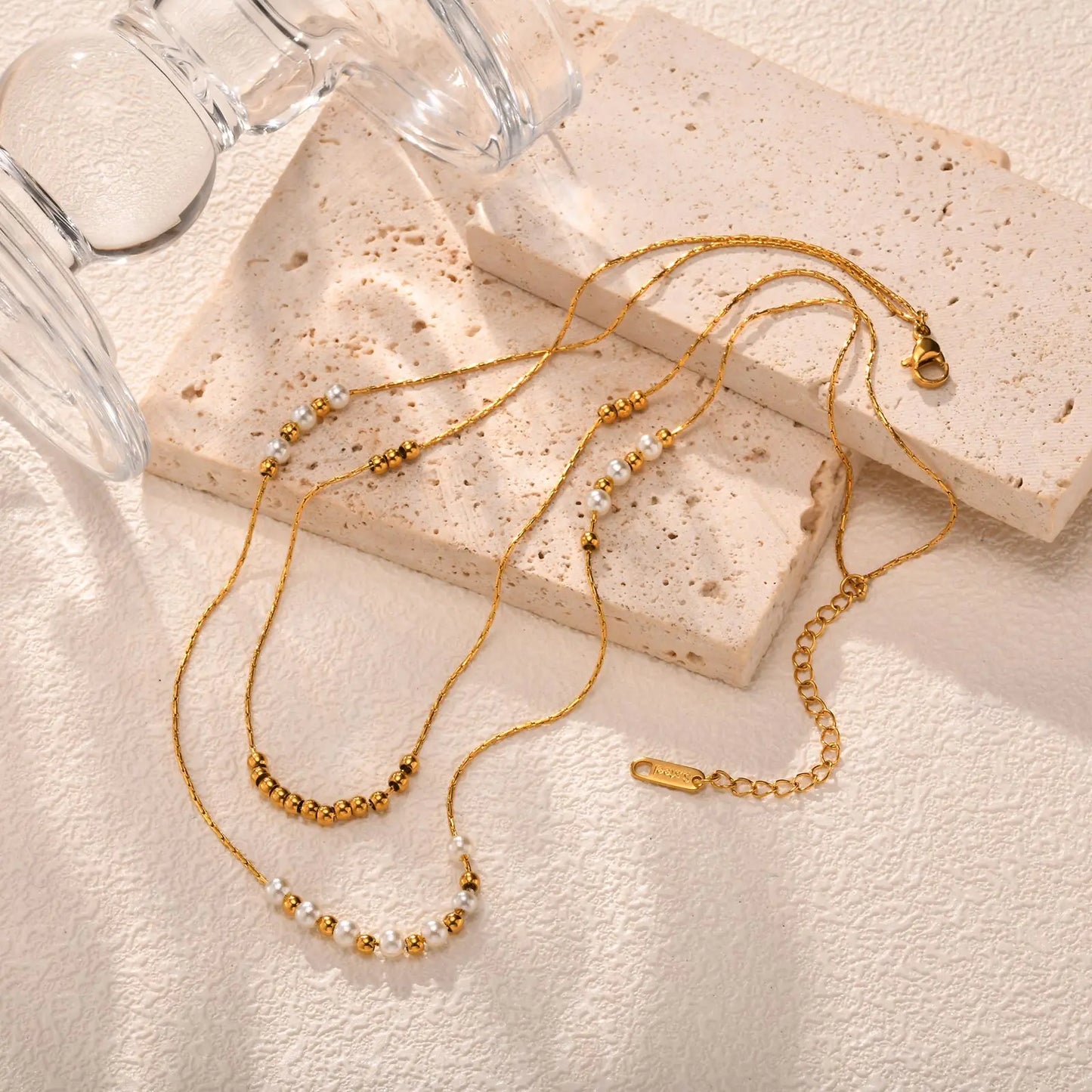 Collier double rang perles – Acier inoxydable doré