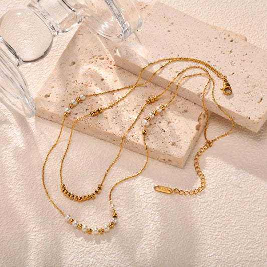 Collier double rang perles – Acier inoxydable doré