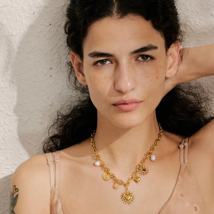 Collier charms soleil, cœur & goutte