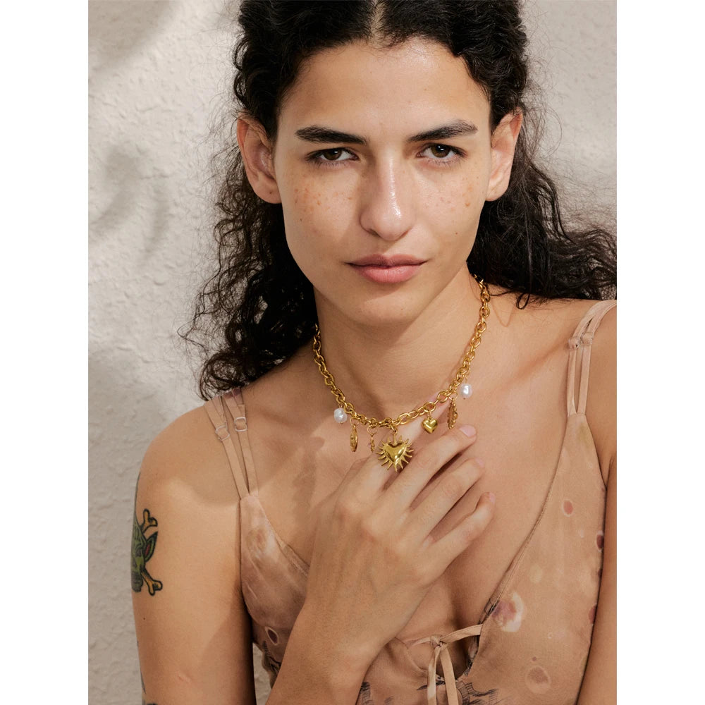 Collier charms soleil, cœur & goutte