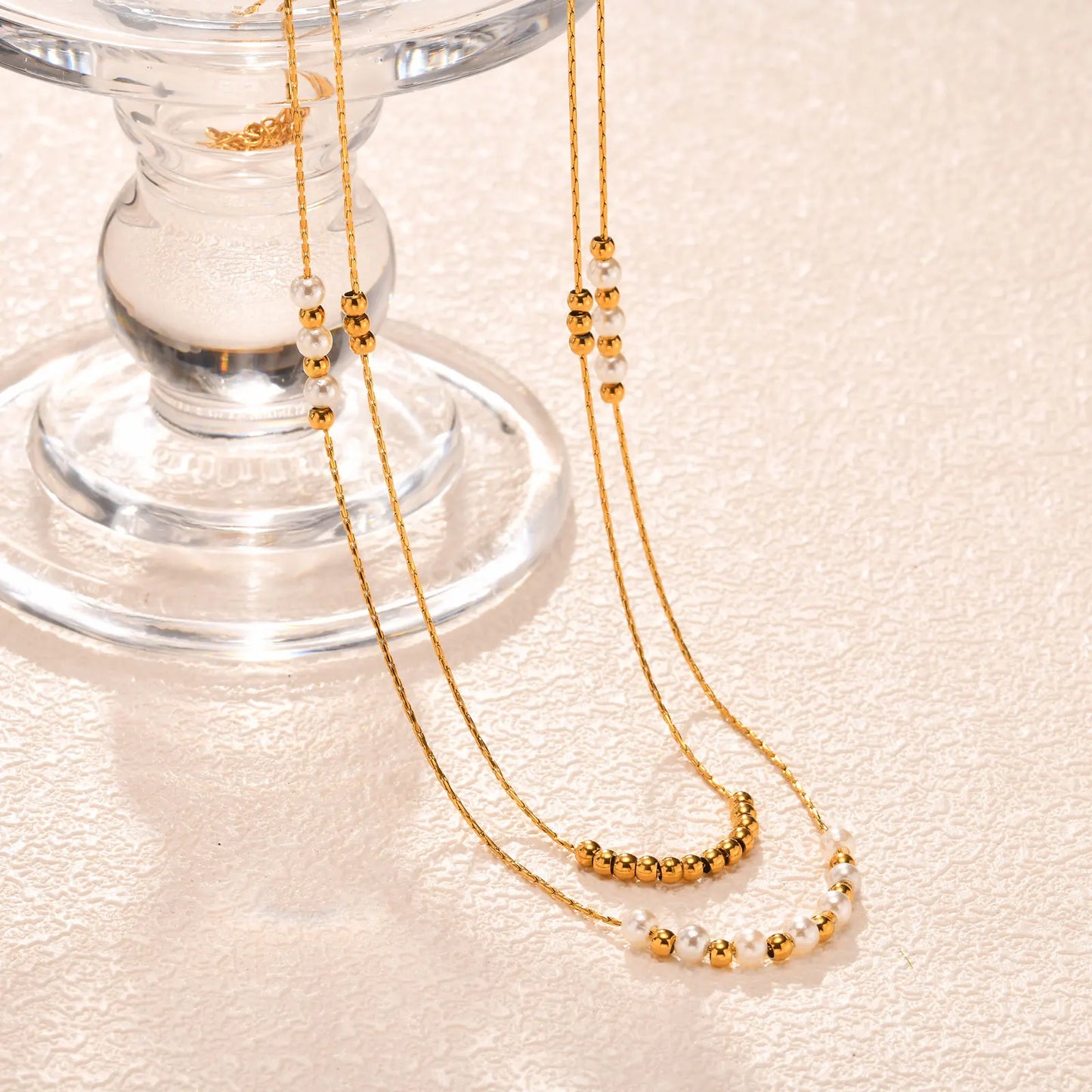 Collier double rang perles – Acier inoxydable doré