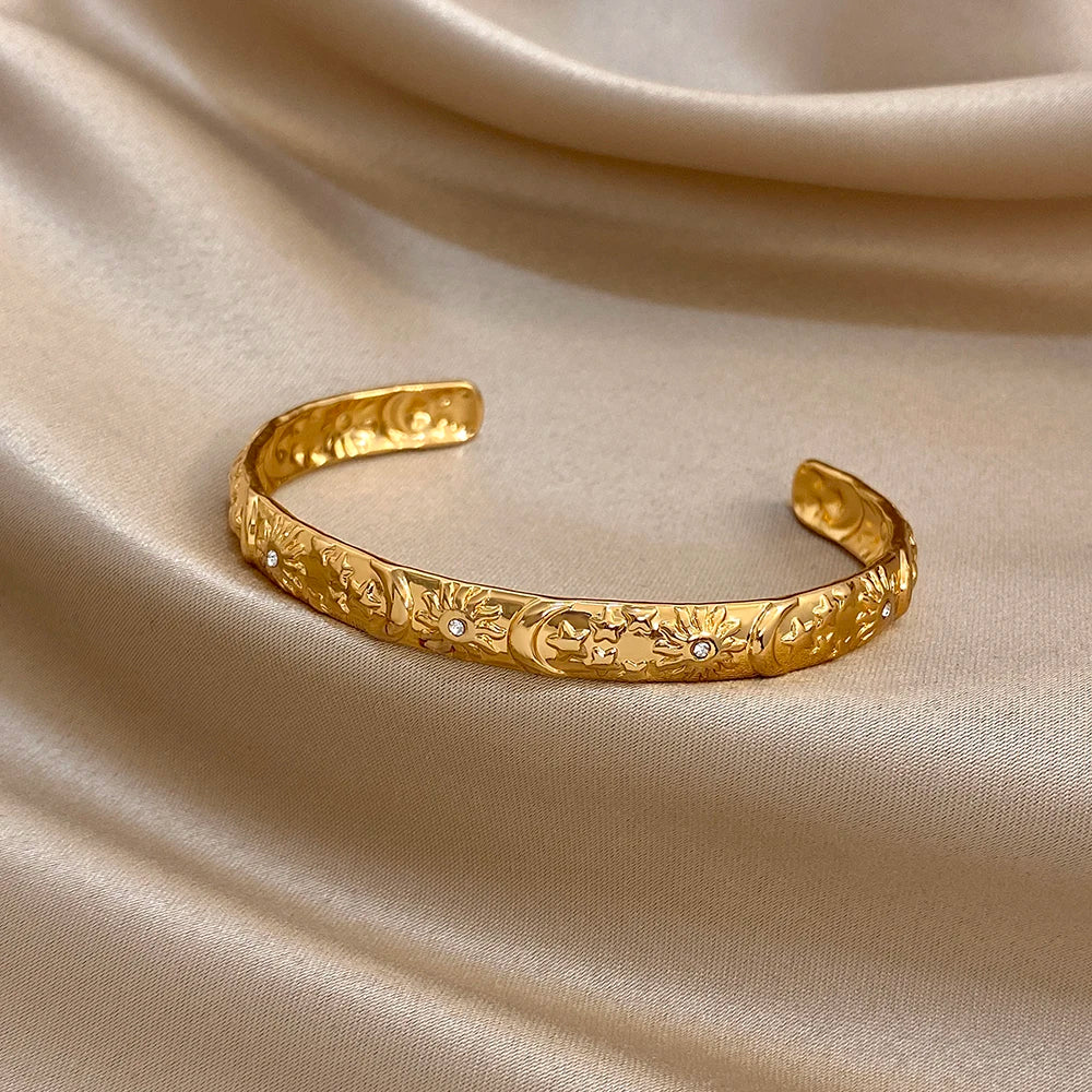 Bracelet Manchette Soleil, Lune & Étoile Plaqué Or