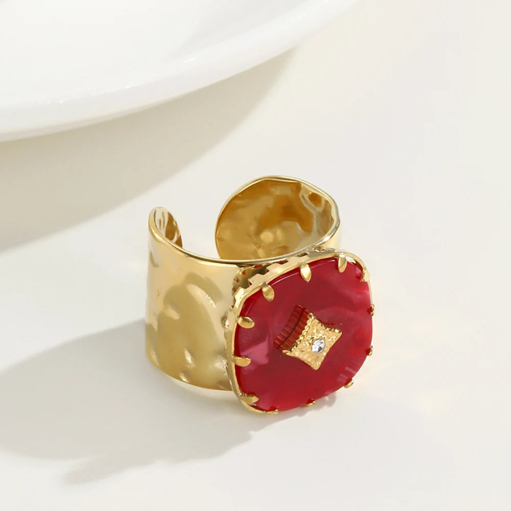 Bague grand anneau rouge – Acier inoxydable plaqué or 18K