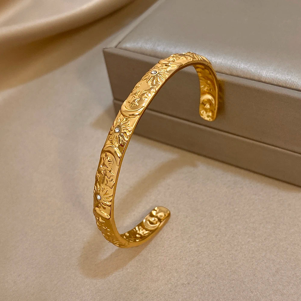 Bracelet Manchette Soleil, Lune & Étoile Plaqué Or