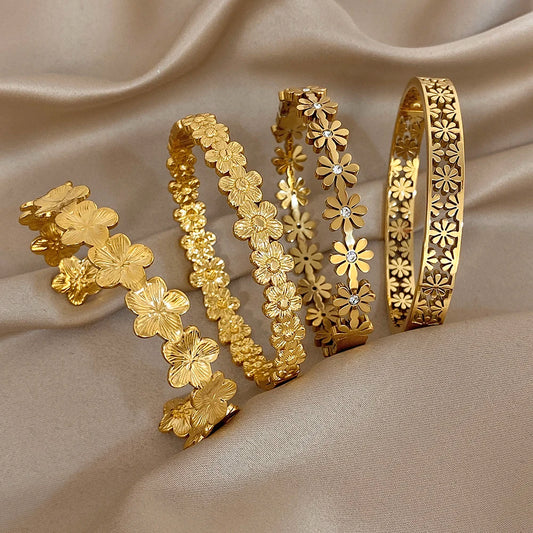 Bracelet Manchette à fleurs en acier inoxydable