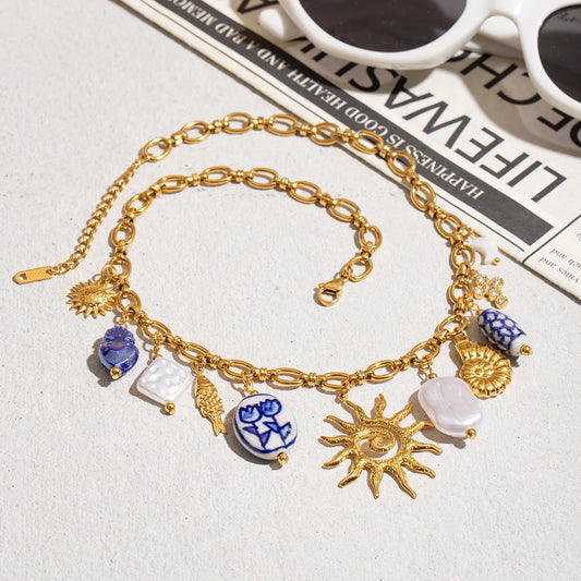 Collier Breloques Soleil & Coquillage Texturé