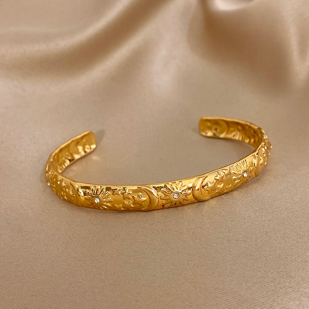 Bracelet Manchette Soleil, Lune & Étoile Plaqué Or