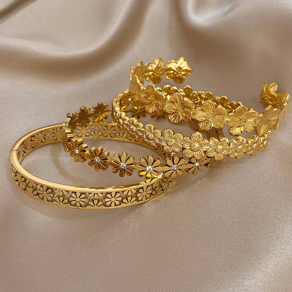 Bracelet Manchette à fleurs en acier inoxydable