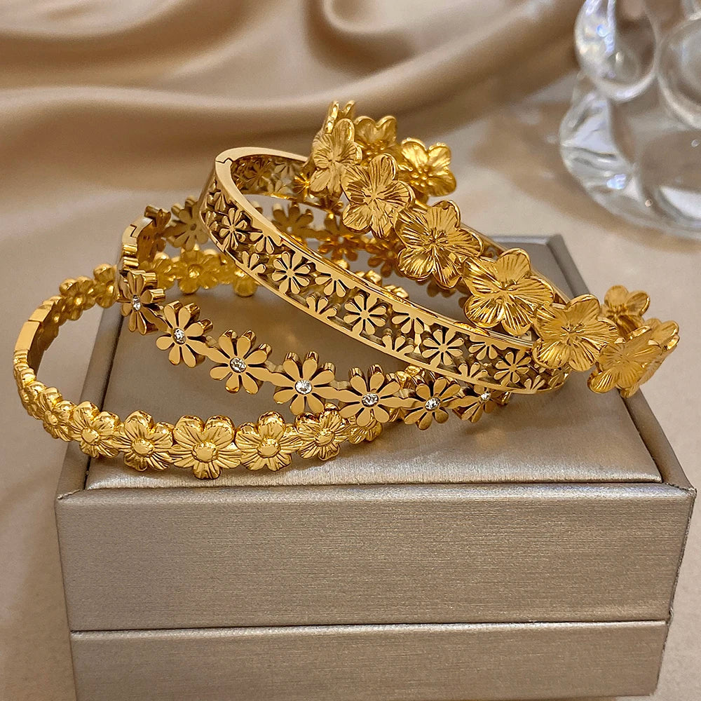 Bracelet Manchette à fleurs en acier inoxydable