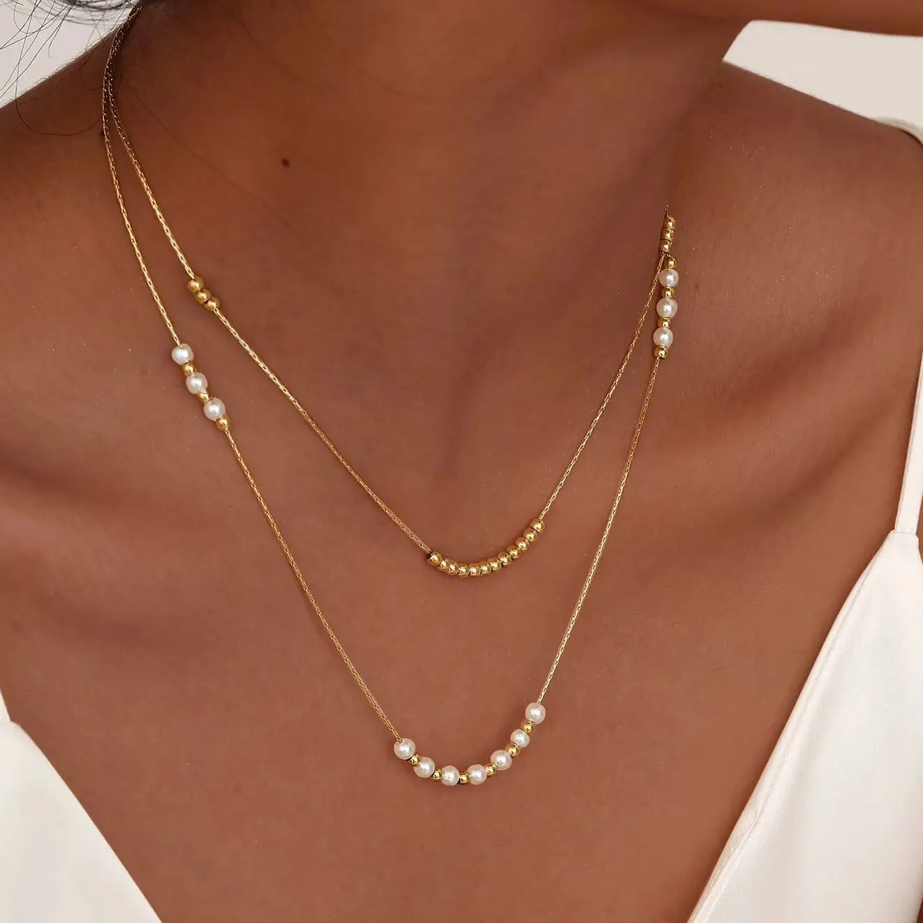 Collier double rang perles – Acier inoxydable doré